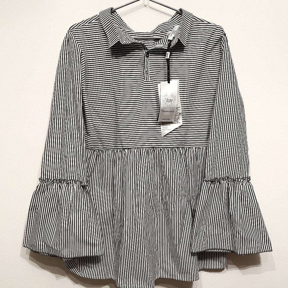 VLT’S BY VALENTINA’S Blouse Black White Stripe Sz.XXL - Made In Italy - NEW